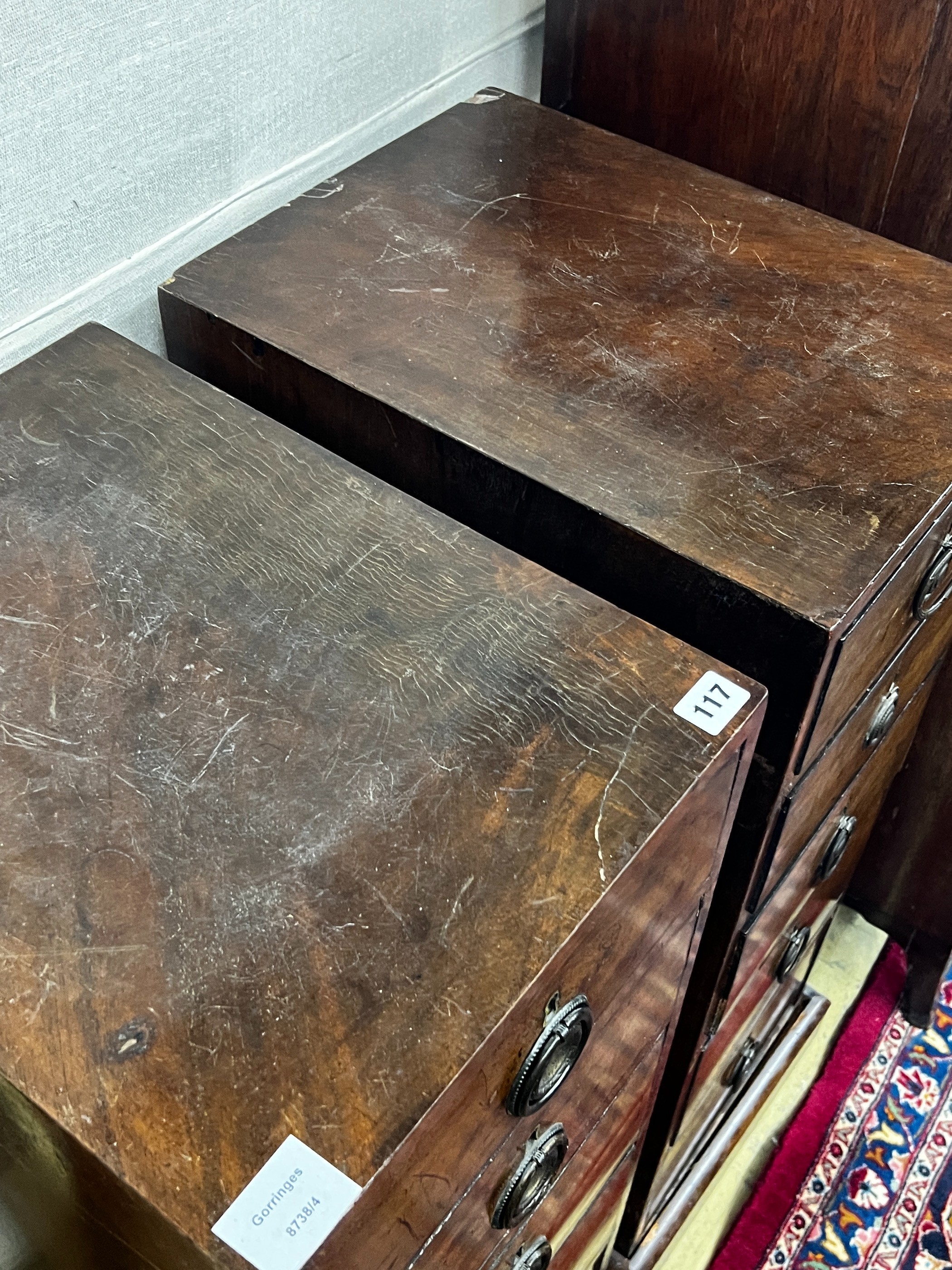 A pair of 19th century mahogany five drawer pedestal chests, width 33cm, depth 45cm, height 90cm